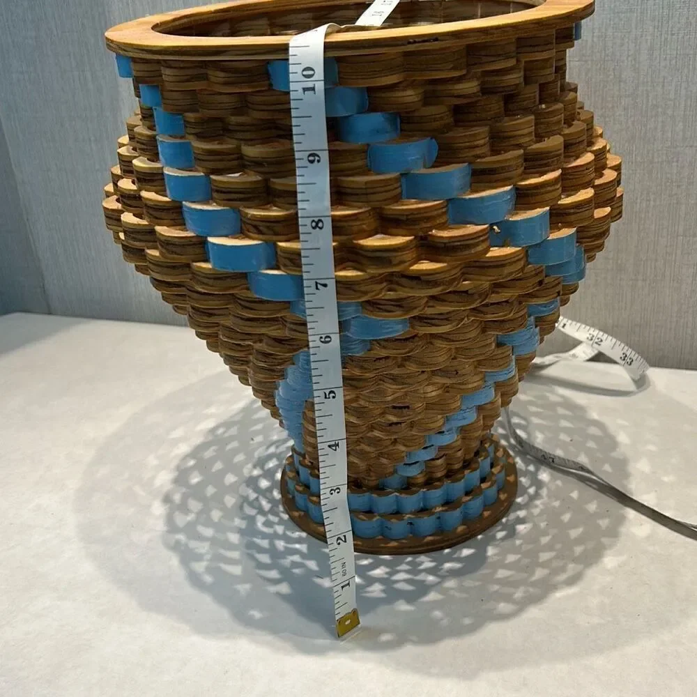 Vtg Handcrafted Wooden Decorative Tornado Bowl Vase Scroll Saw Scalloped Blue